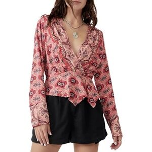 NEW Free People Falling For You Long Sleeve Surplice Top in Hibiscus Combo Sz. L